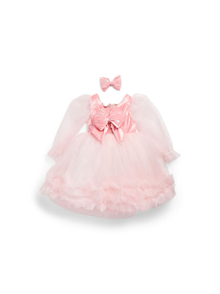 Tulle Balloon Sleeve Party Dress with Velour Bow