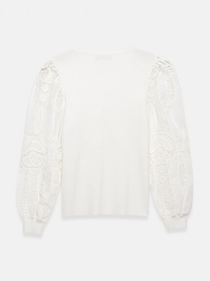 White Cotton Blend Lace Sleeve Jumper