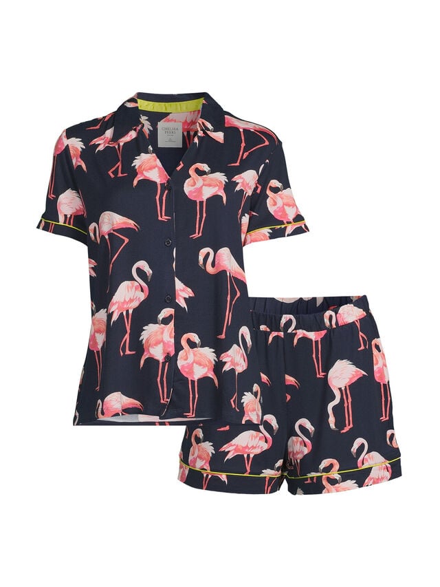 Flamingos V Neck Button Up Short Set