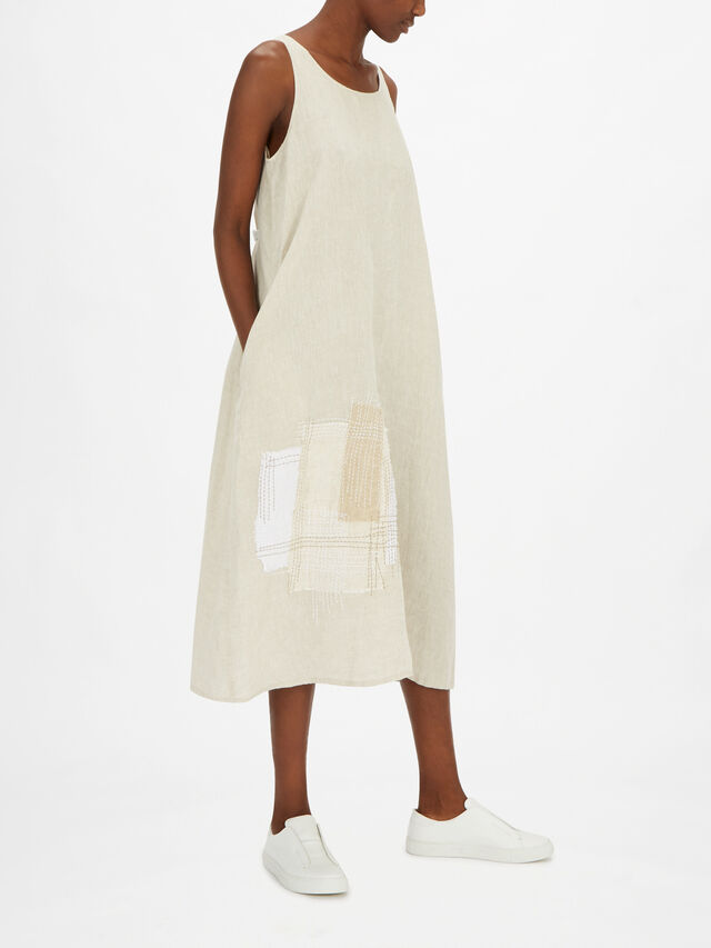 Linen A Line Midi Dress with Patchwork Applique