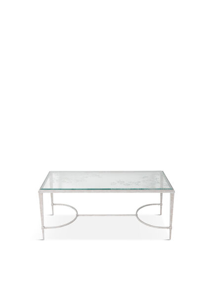 Aria Etched Glass Distressed White Iron Coffee Table