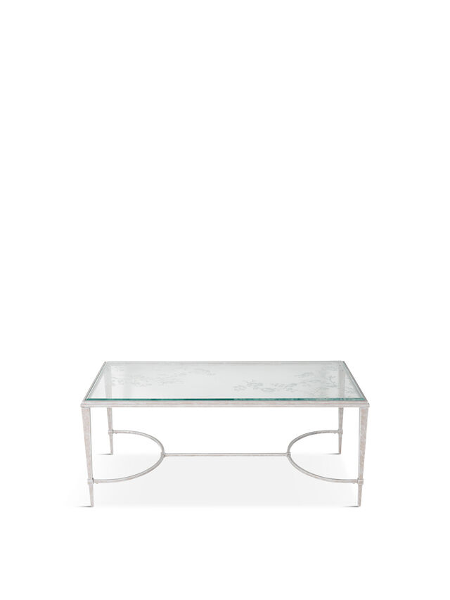 Aria Etched Glass Distressed White Iron Coffee Table