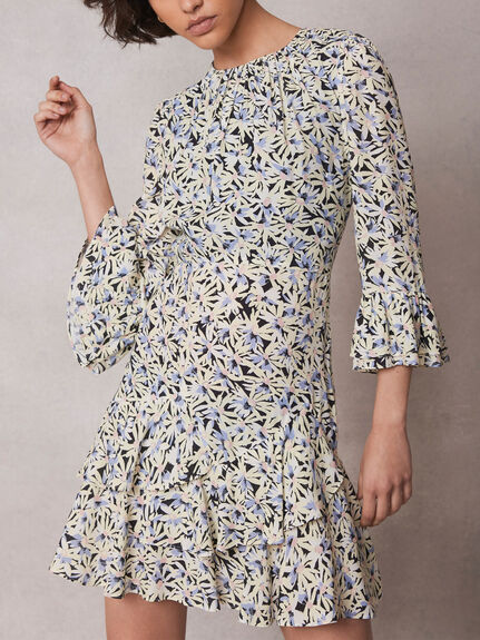 Neutral Floral Print Frill Mini Dress