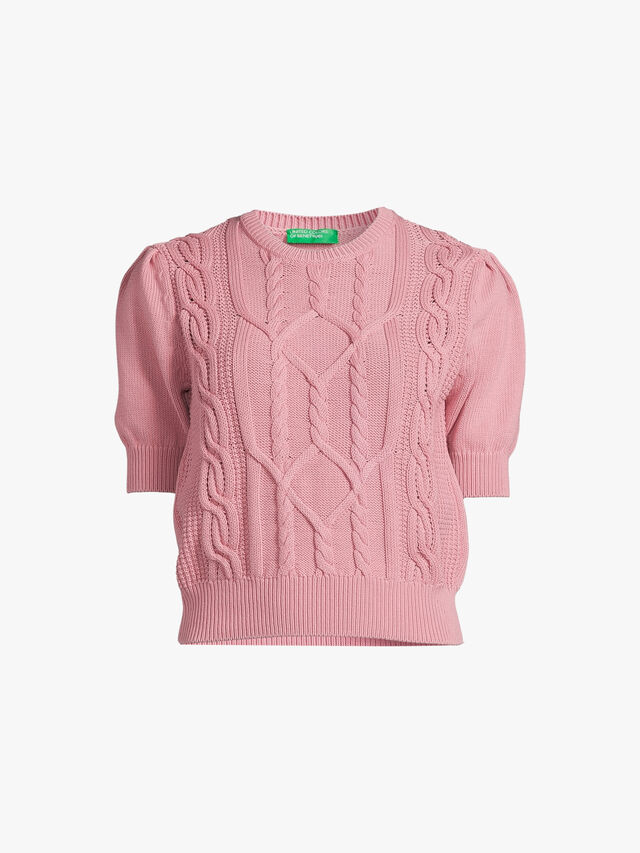 Short Sleeve Cotton Cable Knit Sweater
