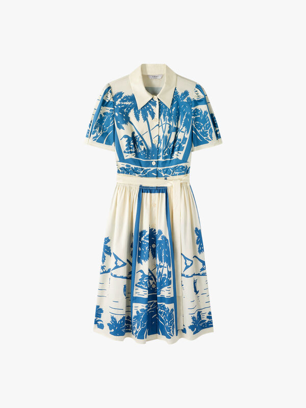 Fellini Blue And Cream Tropical Print Cotton Shirt Dress