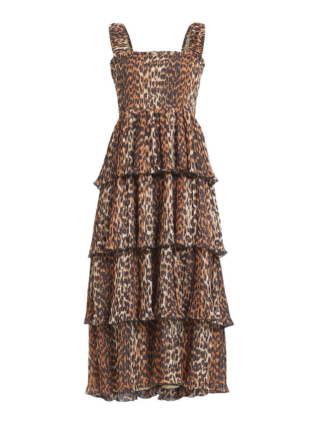 Leopard Pleated Georgette Flounce Smock Midi Dress