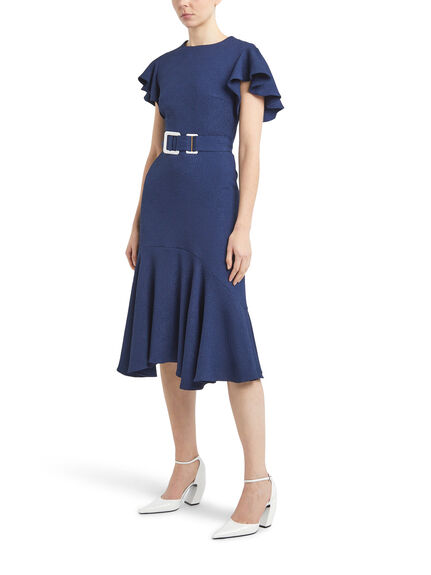 Belted Midi Dress with Graceful Ruffled Hem and Flutter Sleeves