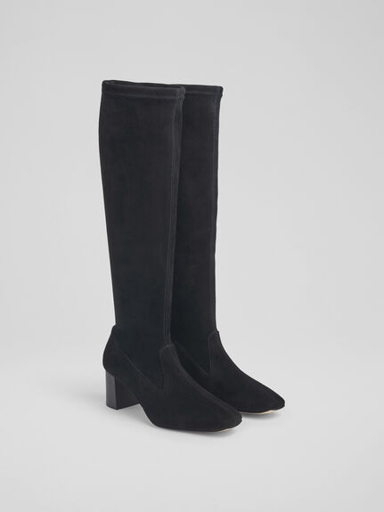 Davina Black Stretch Suede Knee-High Boots