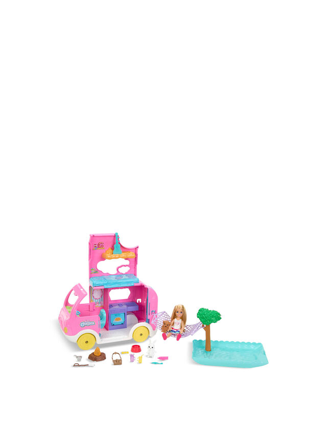 Barbie  Chelsea  2-in-1 Camper Playset with Chelsea  Small Doll, 2 Pets & 15 Accessories