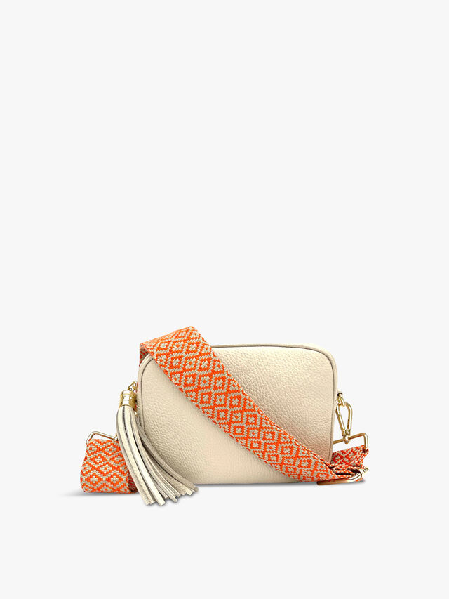 Stone Leather Bag with Orange Cross Stitch Strap