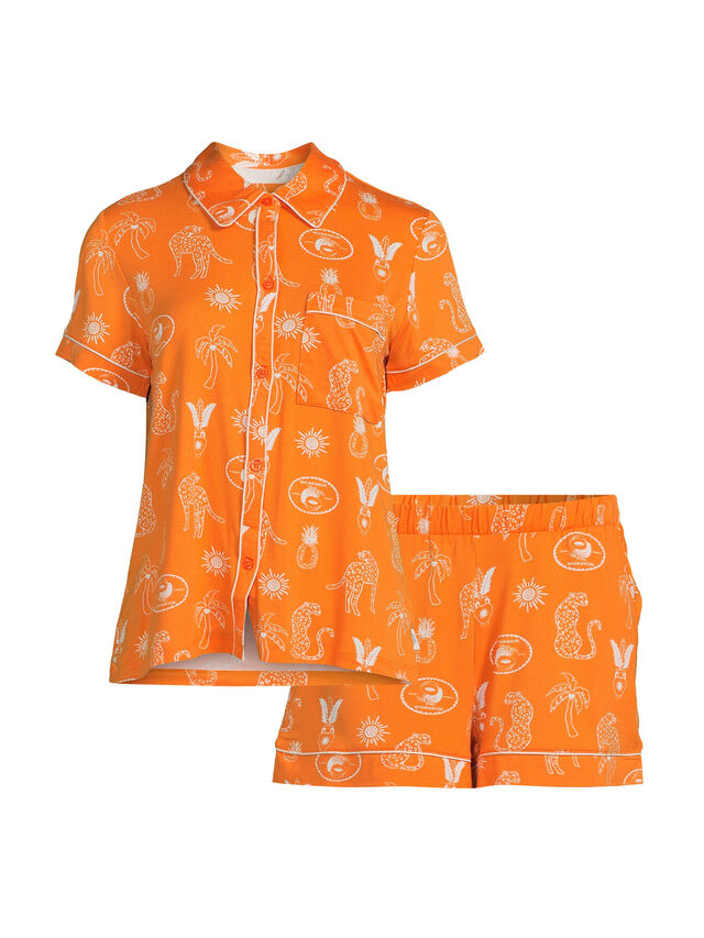 Linear Vacation Print Satin Shirt and Short Set
