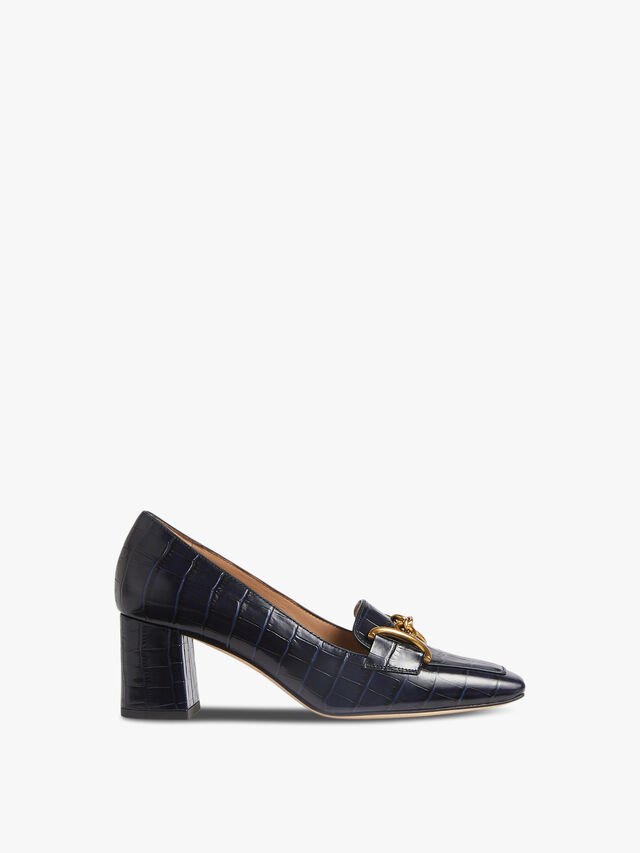 Samantha Navy Croc-Effect Leather Snaffle-Detail Courts