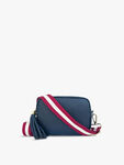 Navy Leather Bag with Red/Gold Stripe Strap