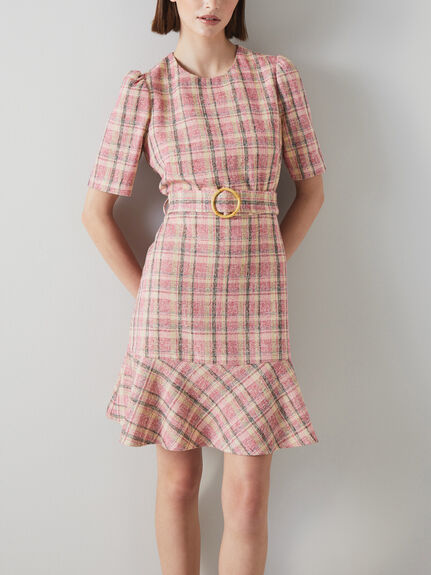 Eliza Pink Cotton-Raffia Blend Check Tweed Dress