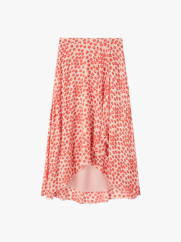 Krasner Pink Blossom Print Georgette Dipped Hem Skirt