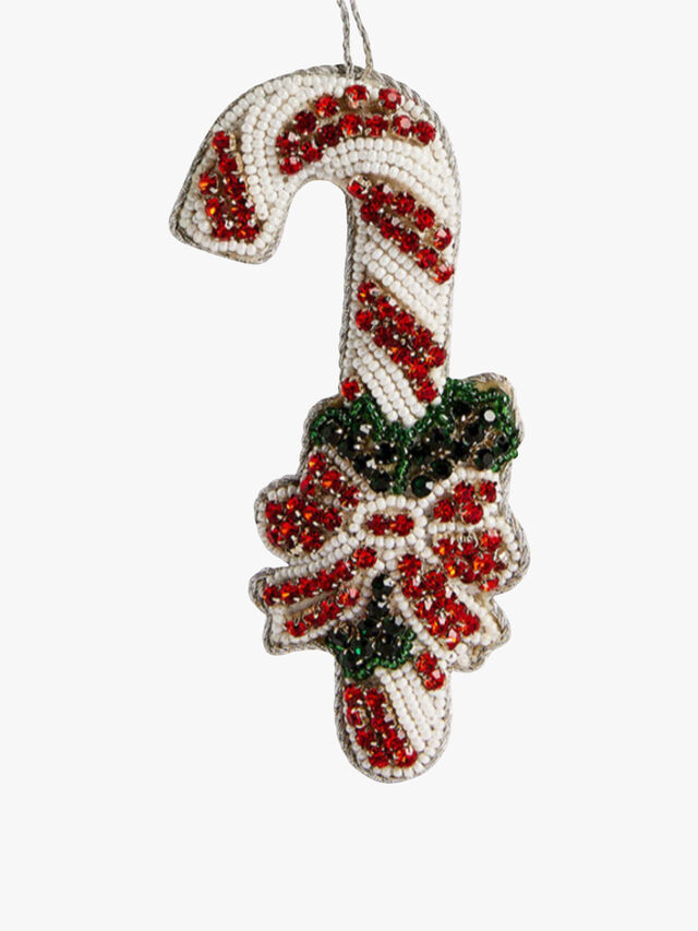 Beaded Candy Cane with Holly Decoration