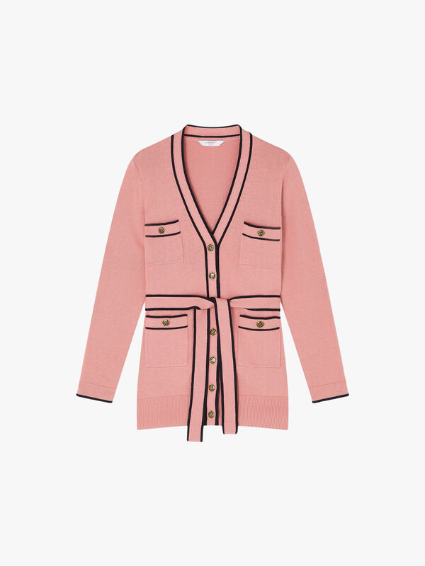 Gaia Pink Wool-Cotton Long Belted Cardigan