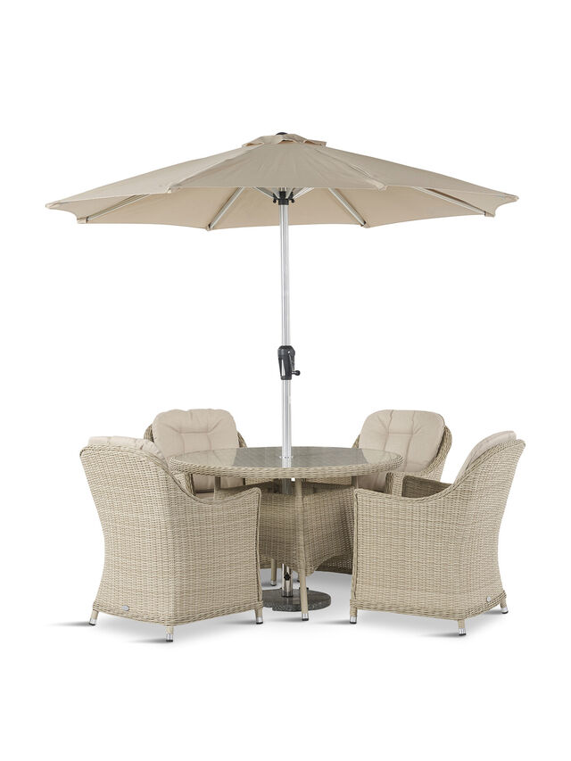 Monterey 4 Seat Dining Set with Round Dining Table, 4 Chairs, Parasol and Base