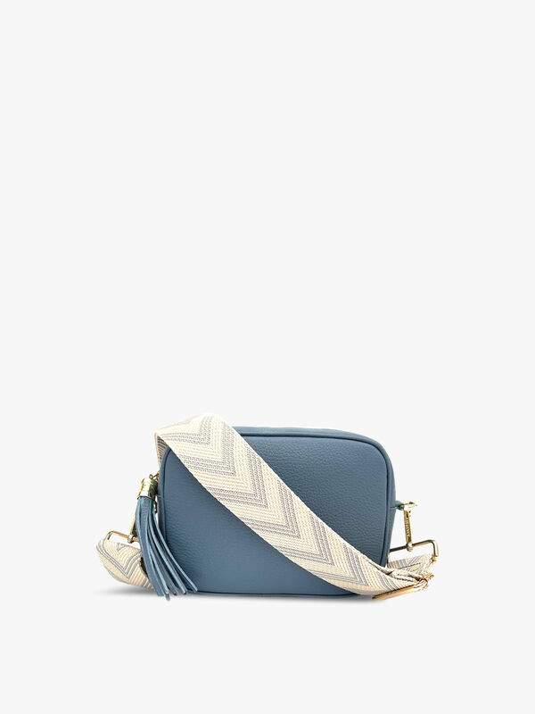 Denim Leather Bag with Pale Blue Arrow Strap