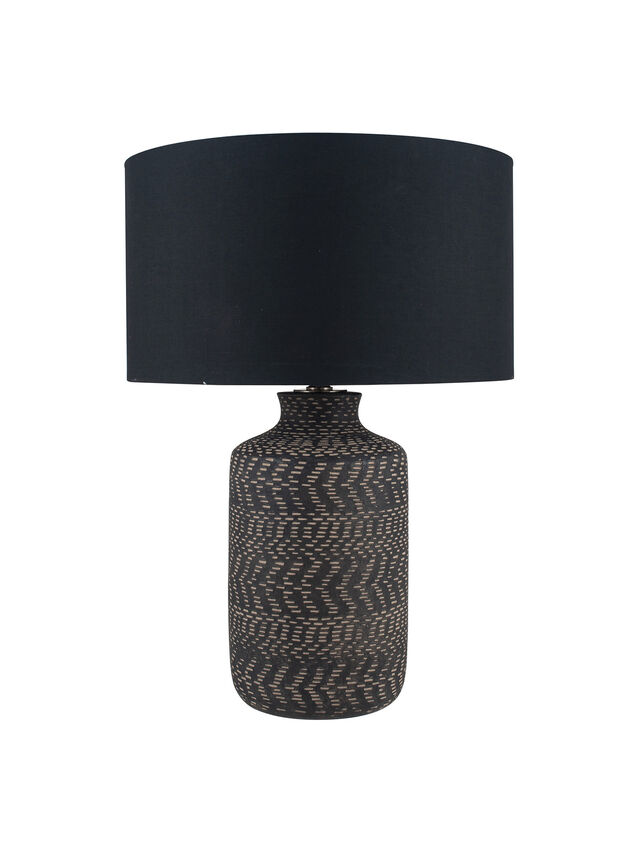 Pacific Textured Black Stoneware Table, Kingston Weave Table Lamp