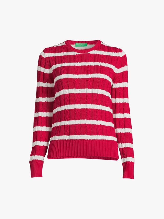 Long Sleeve Stripe Cotton Cable Knit Sweater
