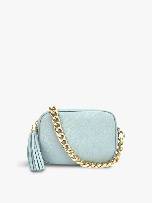 Pale Bue Leather Bag with Gold Chain Strap