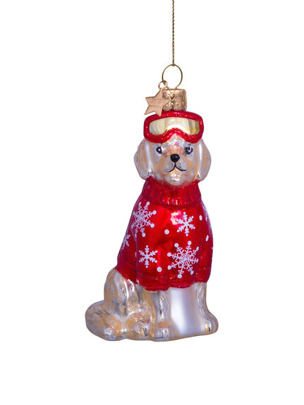 Ornament glass blond golden retriever w/red ski outfit H9.5c