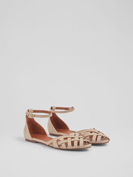 Bianca Camel Leather Cage-Front Flat Sandals
