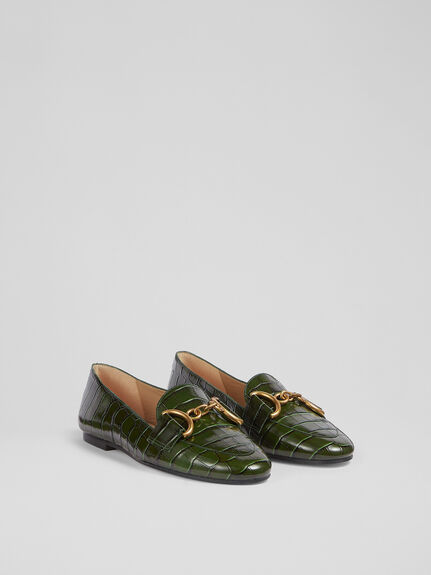 Daphne Green Croc-Effect Leather Loafers