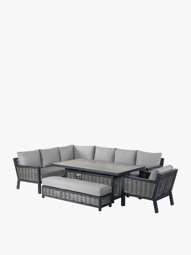 Portofino Rectangle Sofa with Large Firepit Dining Table, Bench & Chair