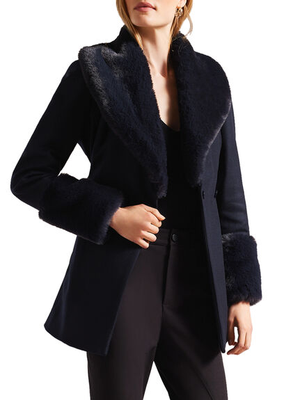 Belted Coat with Faux Fur Collar and Cuffs