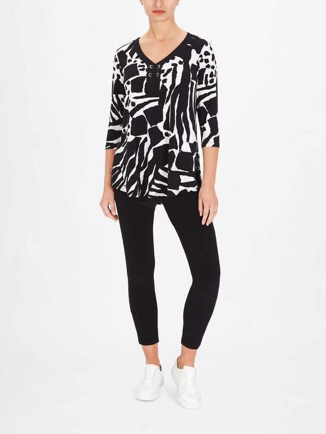 Monochrome Print V Neck Top with Eyelet Fastenings