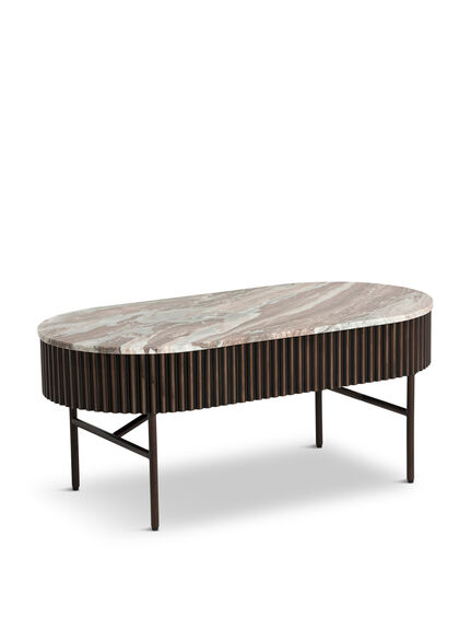 Gion Oval Brown Marble With Wave Metal Body 100Cm Coffee Table