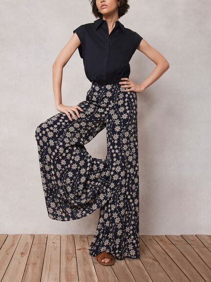 Navy Floral Print Wide Trousers