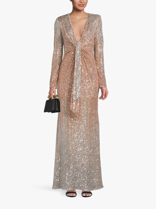 Long Sleeve Deep V Neck Sequin Gown