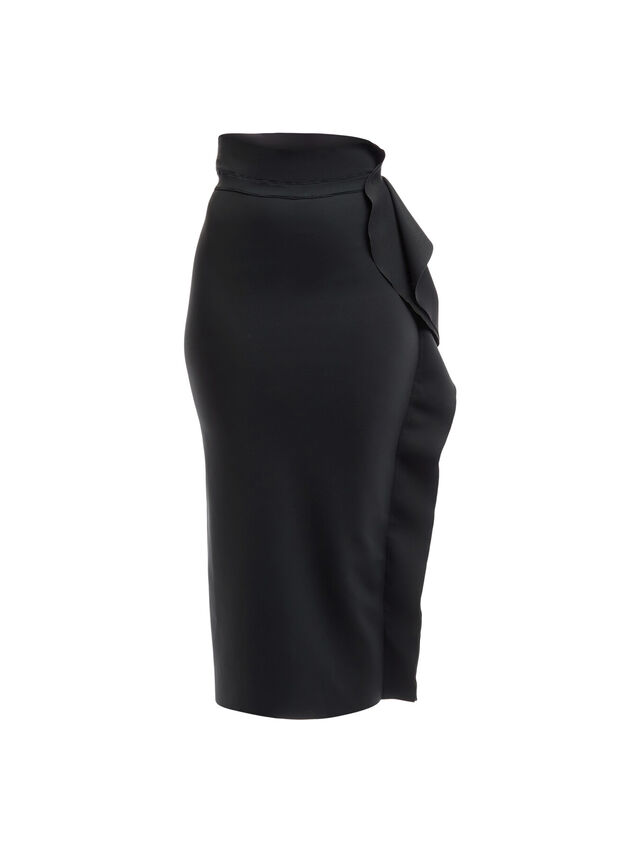 Black Neoprene Ruffle Midi Skirt