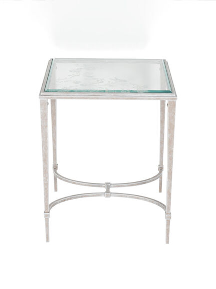 Aria Etched Glass Distressed White Iron End Table