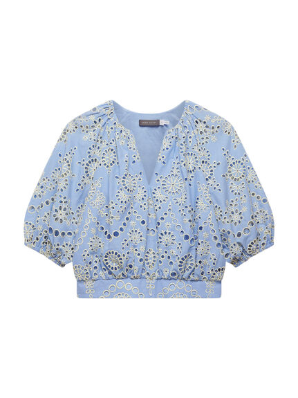 Blue Broderie Puff Sleeve Top