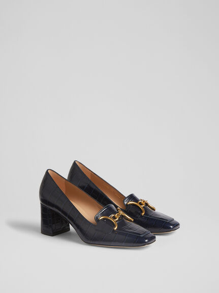 Samantha Navy Croc-Effect Leather Snaffle-Detail Courts