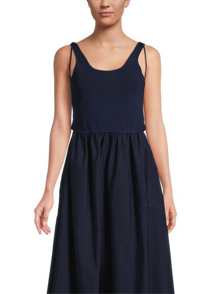Shirred Fit-and-Flare Navy Midi Dress