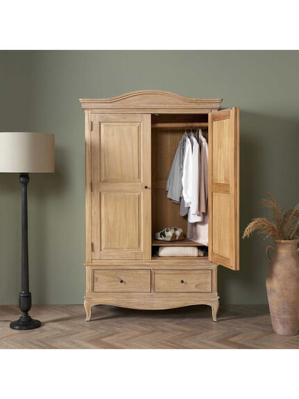 Cecile Light Wooden French Style Double Wardrobe With Drawers
