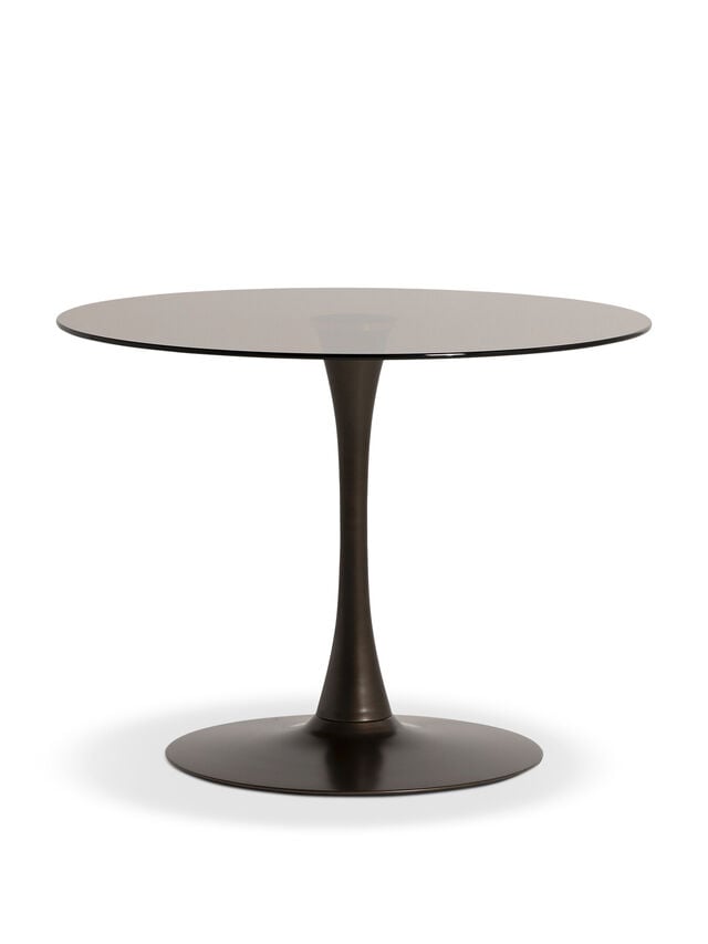 Rumi Round Smoked Tempered Glass and Bronze Metal Base 100cm Dining Table, Seats 3
