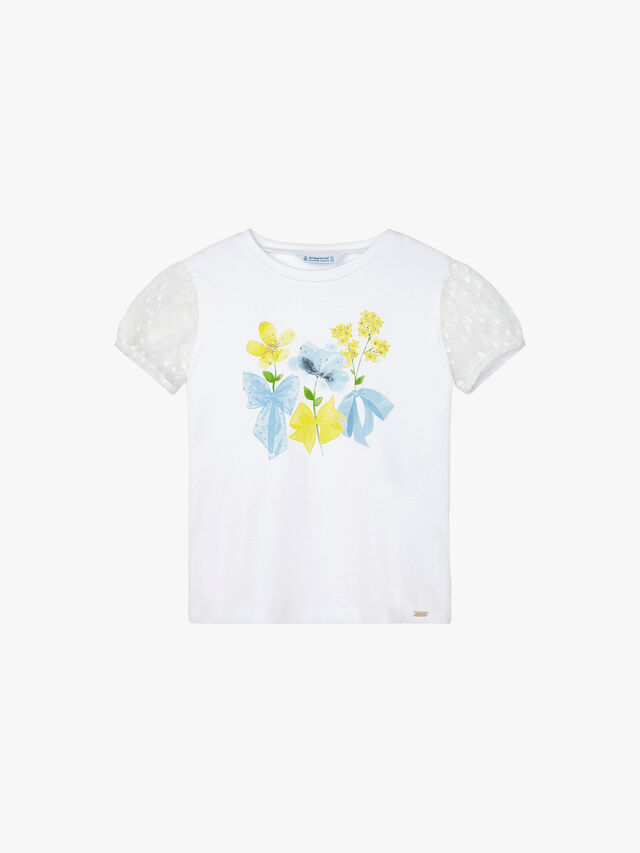 Flower Print and Tulle Sleeve T-Shirt