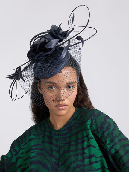 Pillbox with Veiling Flower and Quills Fascinator