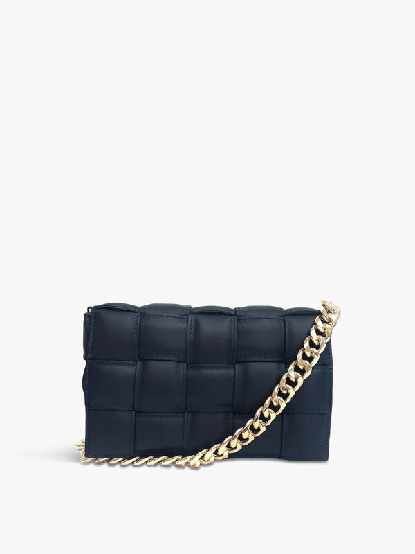 Navy Padded Woven Leather Cross-Body Bag With Gold Chain Strap