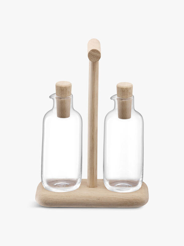 Dine Oil and Vinegar Glass Set and Oak Stand