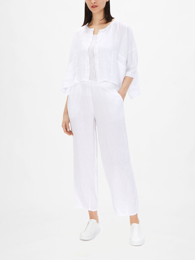 Collarless Box Fit Cropped Check Linen Jacket