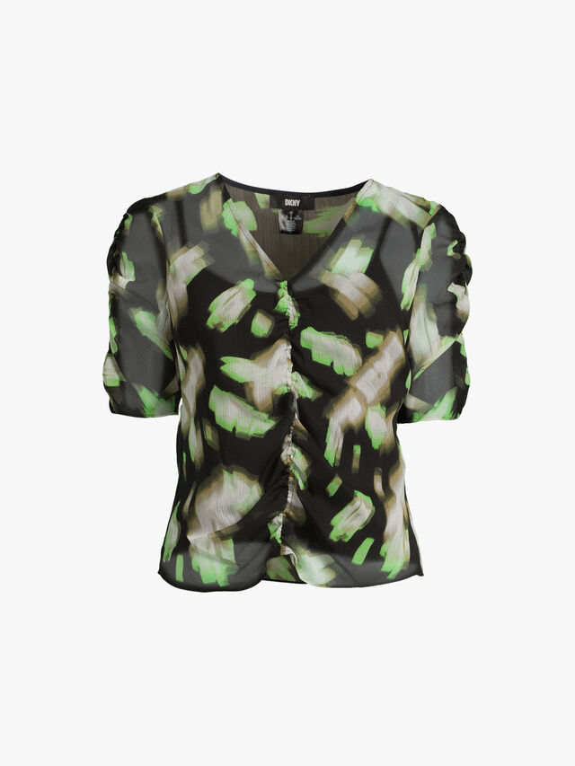Printed Short Sleeve Ruched Front Top