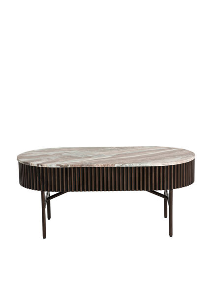 Gion Oval Brown Marble With Wave Metal Body 100Cm Coffee Table