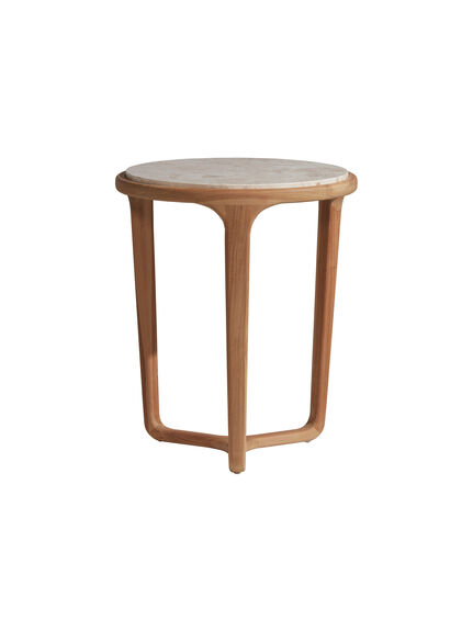 Terza Round Brown Teak and Marble Side Table